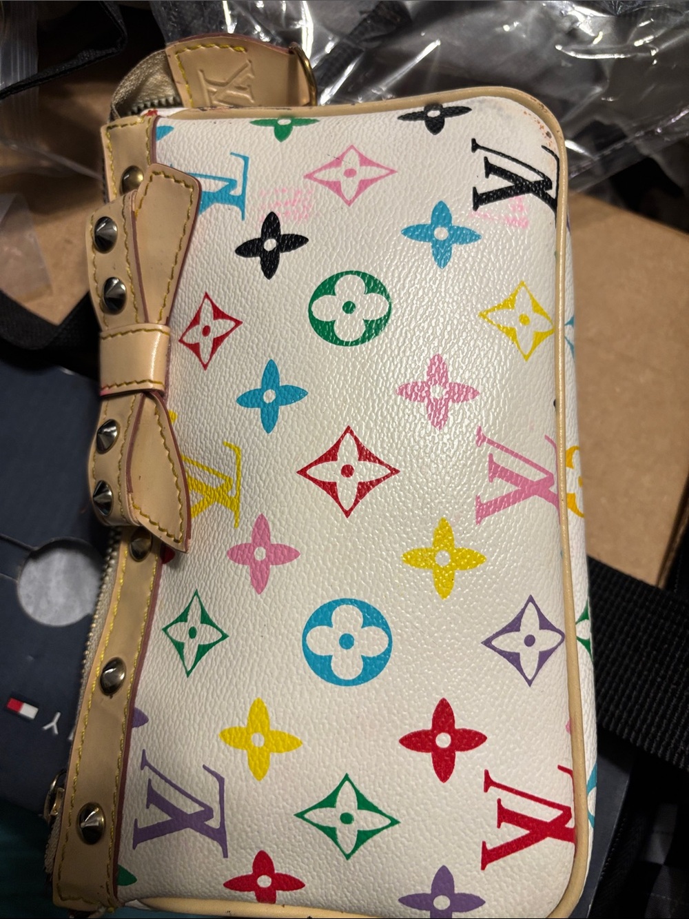 HD in Paris White Multicolor Monogram Studded Bow Wristlet - As-is, no returns.